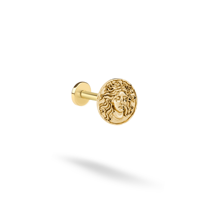 Medusa Portrait Flatback Ear Piercing in polished 14K yellow gold, showing the sculpted face and flowing hair on white.
