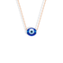 Rose gold chain adds a soft warm frame around the concentric blue eye
