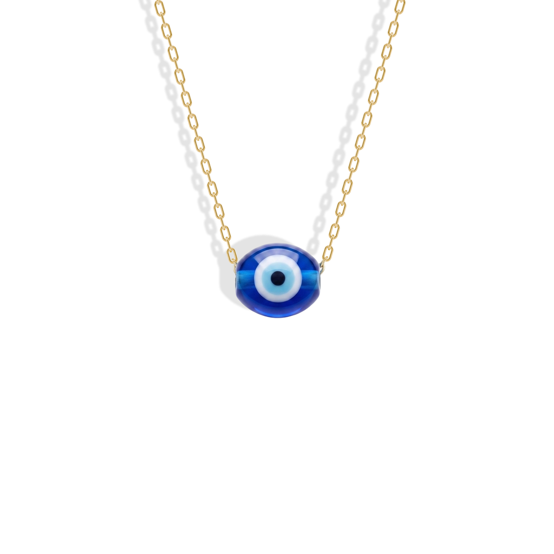 A vivid cobalt oval on a fine 14K yellow gold chain, the Minimal Oval Evil Eye Necklace