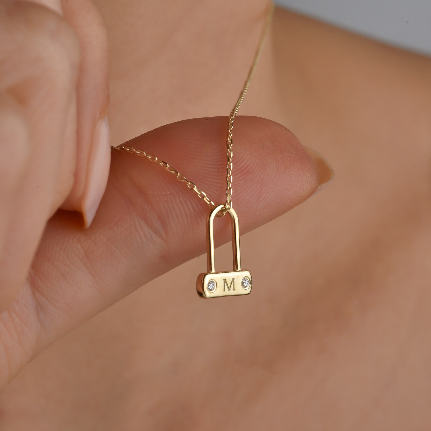 Minimal Stone Lock Initial Letter Custom Diamond Necklace 14K Gold / Silver
