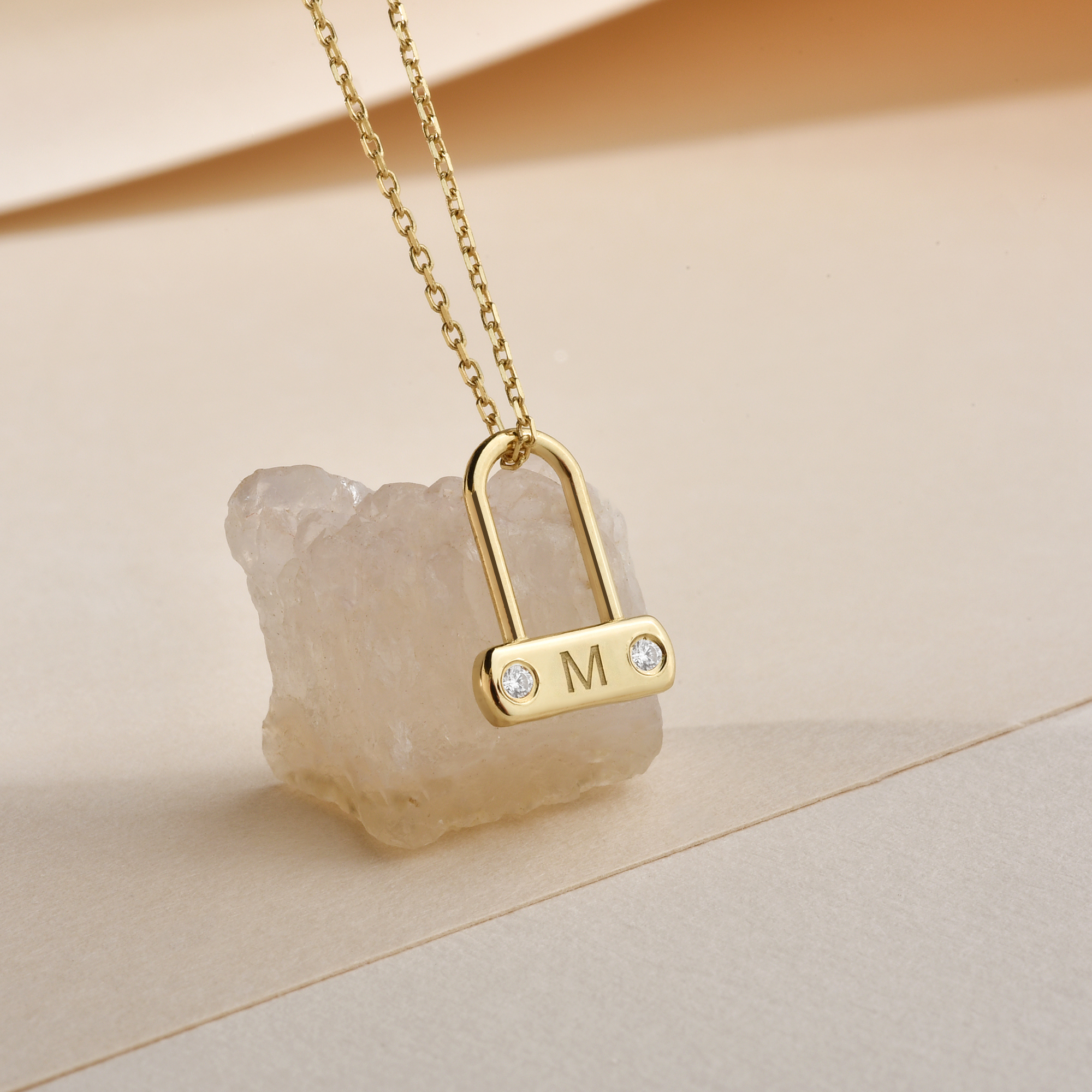 Minimal Stone Lock Initial Letter Custom Diamond Necklace 14K Gold / Silver