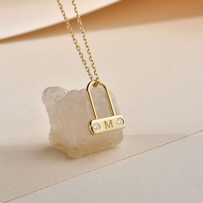 Minimal Stone Lock Initial Letter Custom Diamond Necklace 14K Gold / Silver