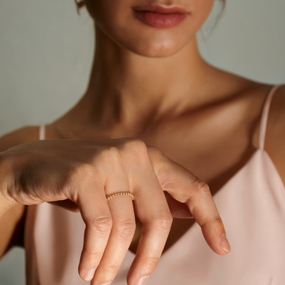 Minimalist Beaded Band Ring 14K Gold with delicate bead detailing on a smooth gold band.