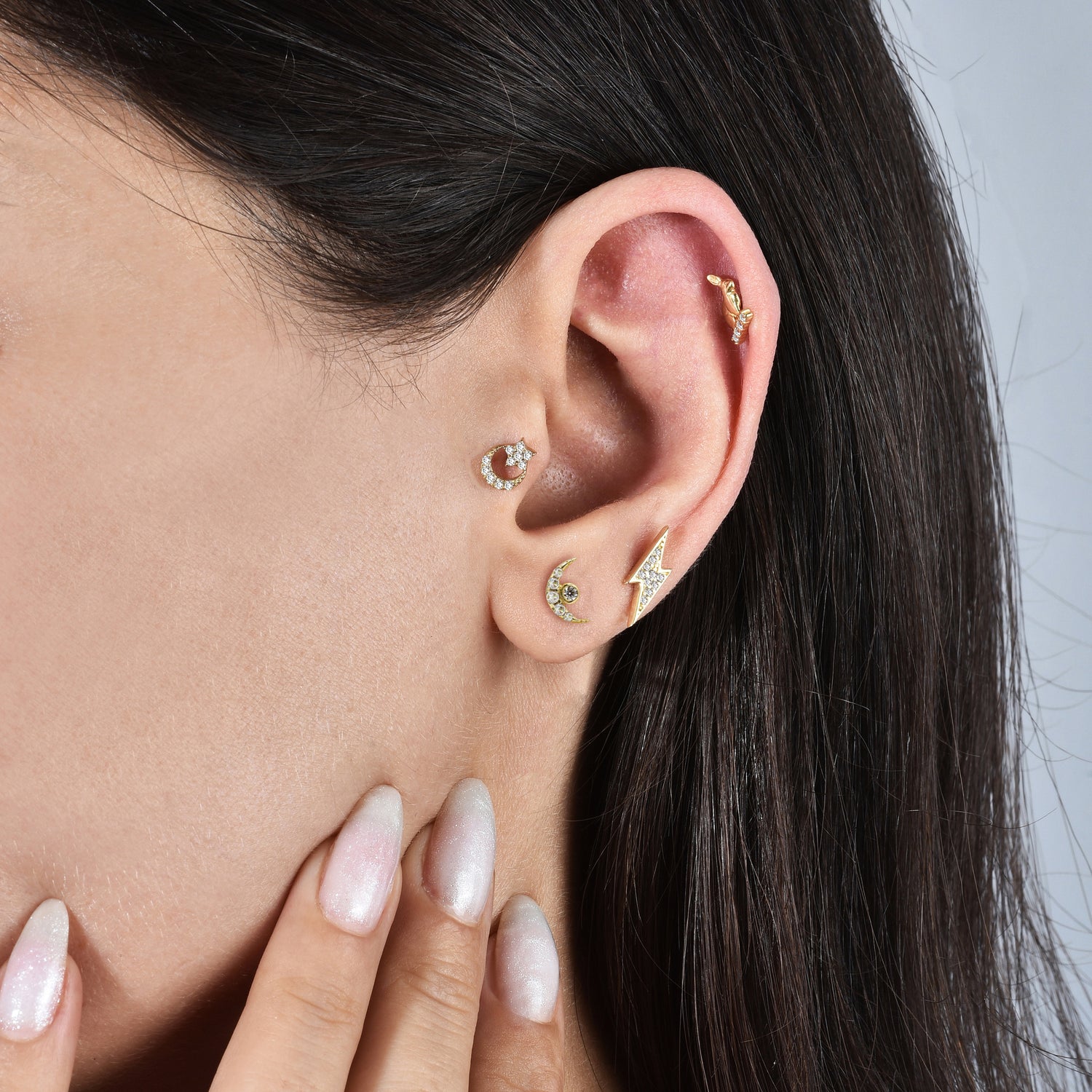 Moonstone Flatback Ear Piercing 14K Gold with CZ Stone