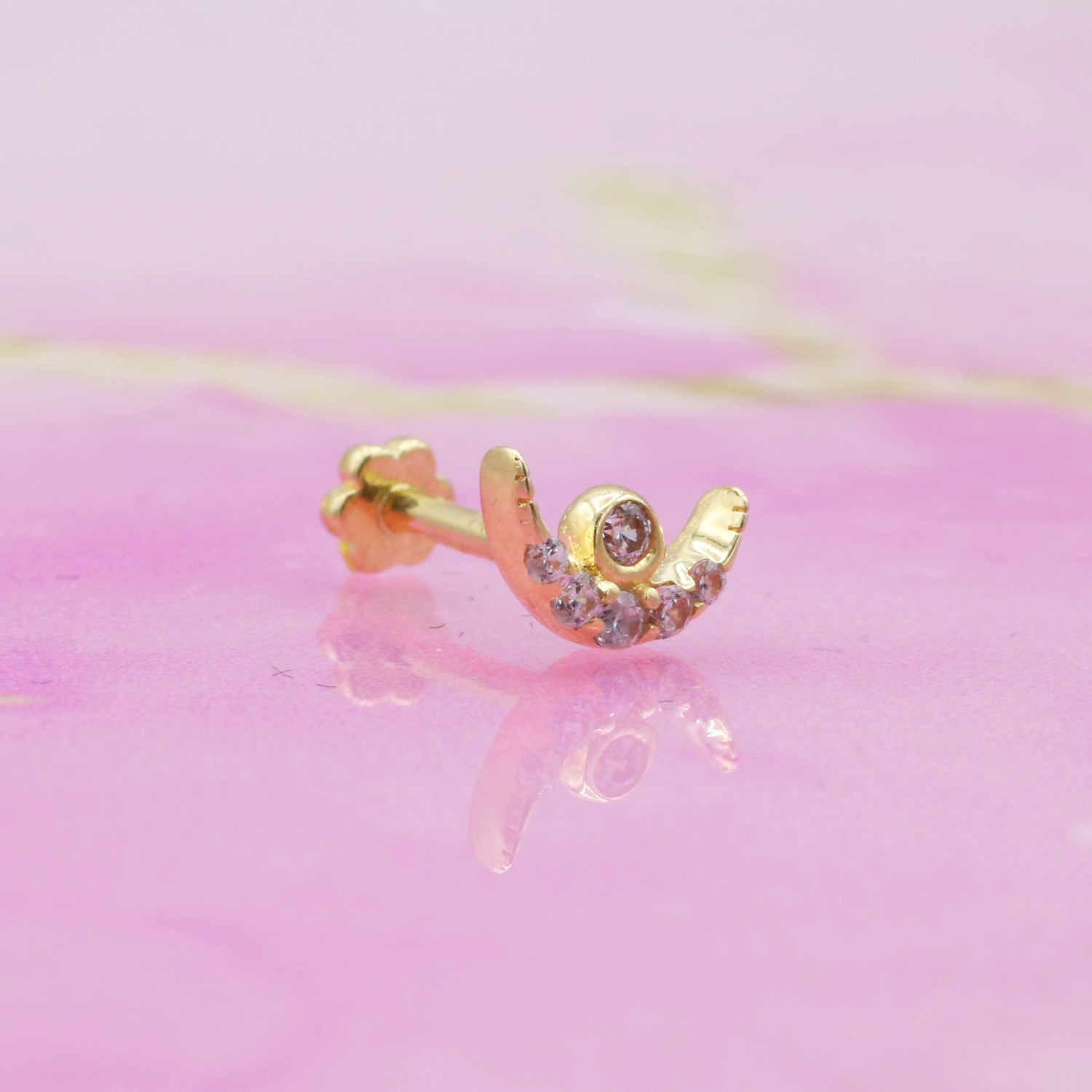 Moon Flatback Ear Piercing 14K Gold with CZ Stone