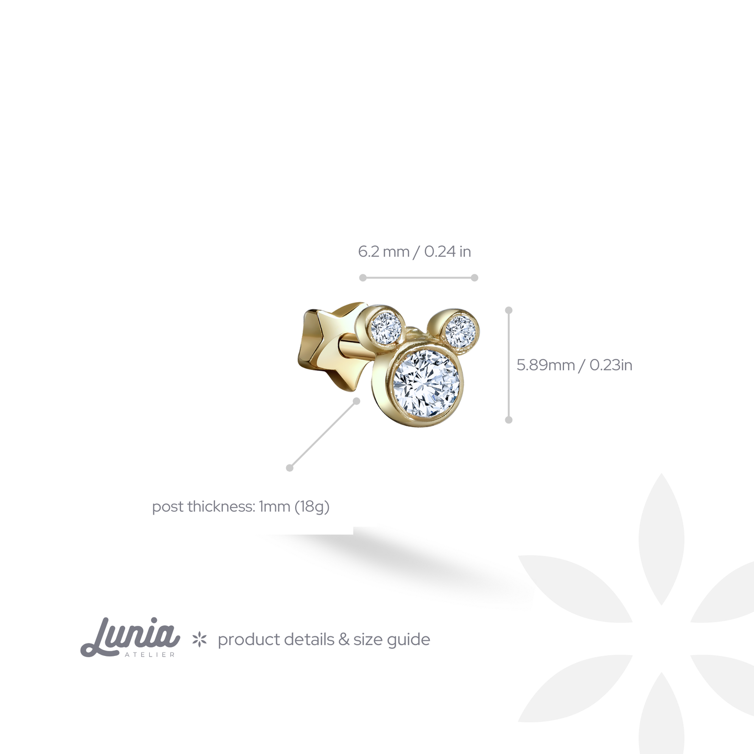 Mouse Flatback Ear Piercing 14K Gold with CZ Stone