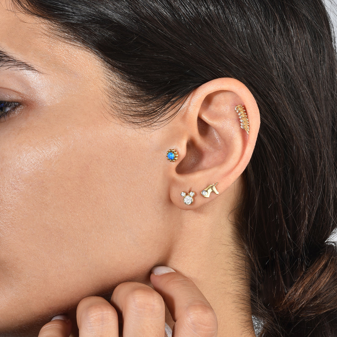 Tiny Mouse Flatback Ear Piercing 14K Gold with CZ Stone