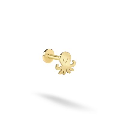 Octopus Flatback Ear Piercing 14K Gold / Silver with a cute octopus design. Hand crafted, comfortable flatback style for everyday wear.