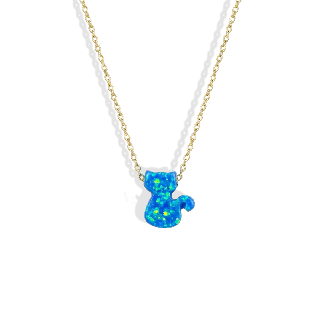 Opal Cat Kitty Blue Necklace 14K Gold featuring blue opal cat silhouette pendant on delicate chain