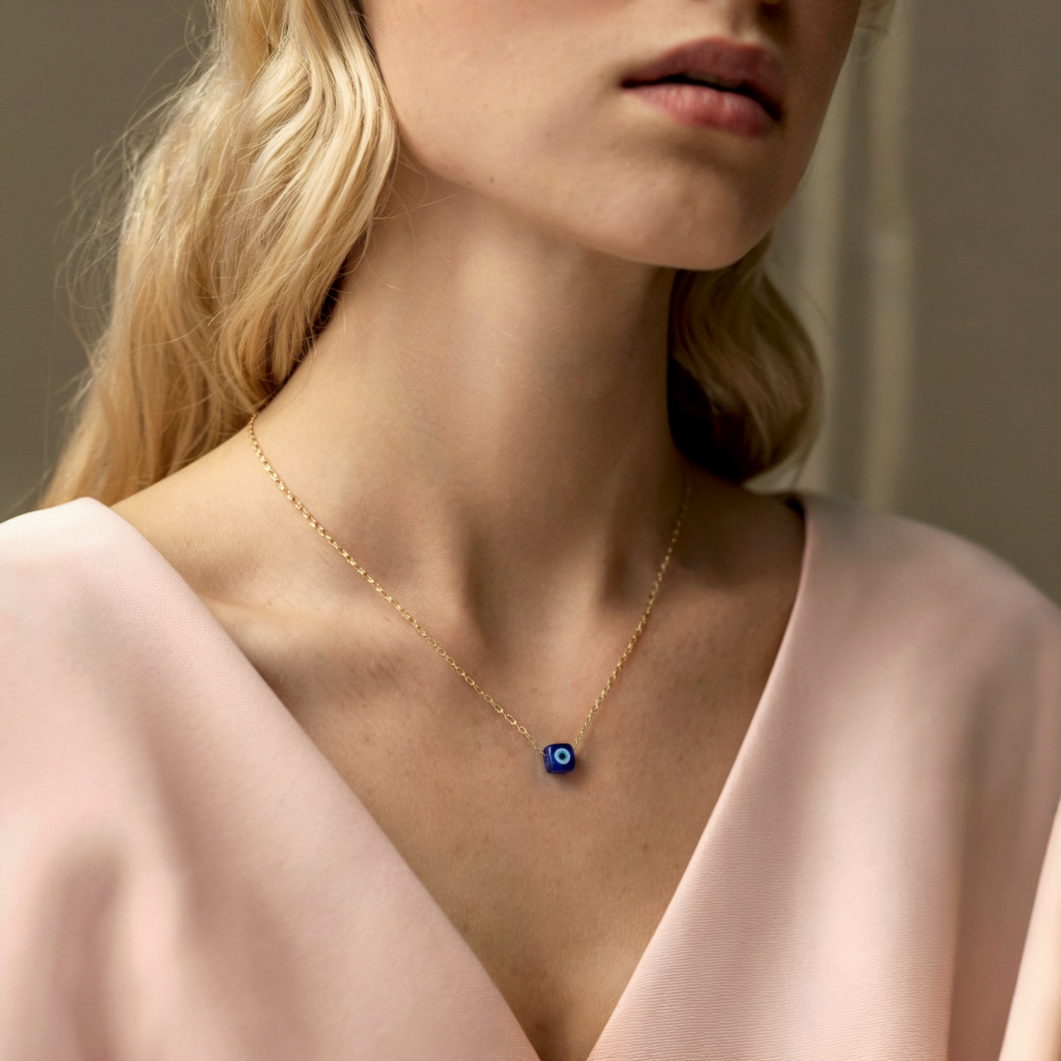 Opal Cube Evil Eye Deep Blue Necklace 14K Gold / Silver with gold cube engraved design and deep blue eye detail