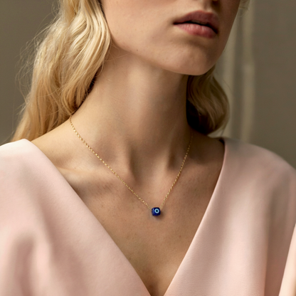 Opal Cube Evil Eye Deep Blue Necklace 14K Gold / Silver with gold cube engraved design and deep blue eye detail