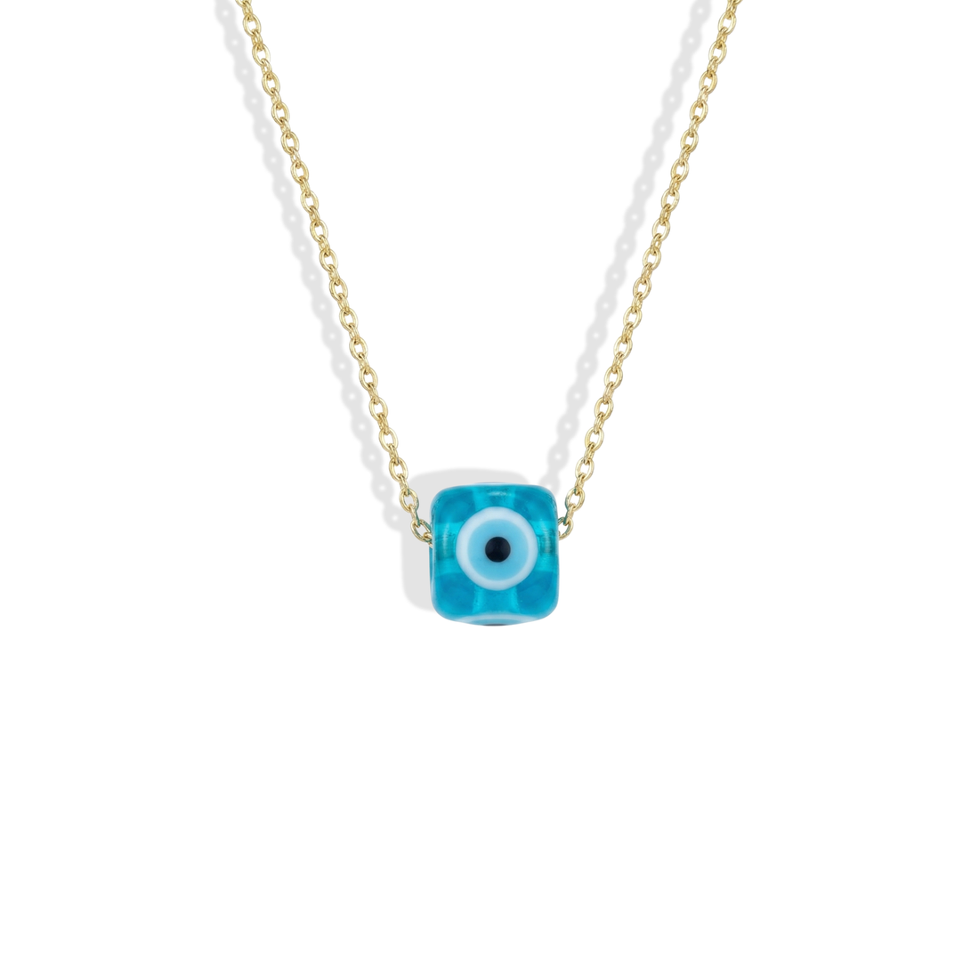 Opal Cube Evil Eye Turquoise Necklace in 14K Gold or Silver. Hand crafted gold cube engraved necklace with turquoise eye charm and meaningful design.