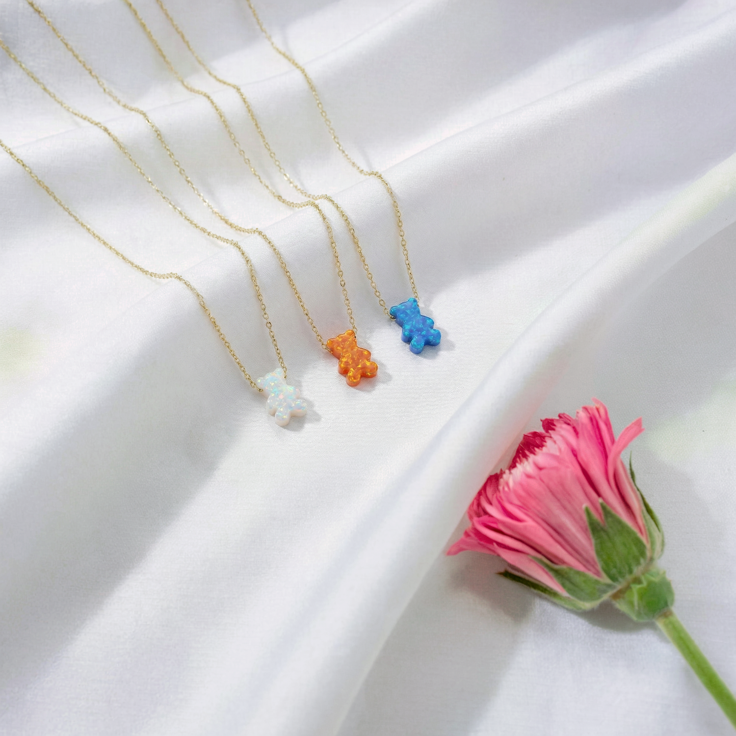Opal Teddy Bear Necklace 14K Gold / Silver