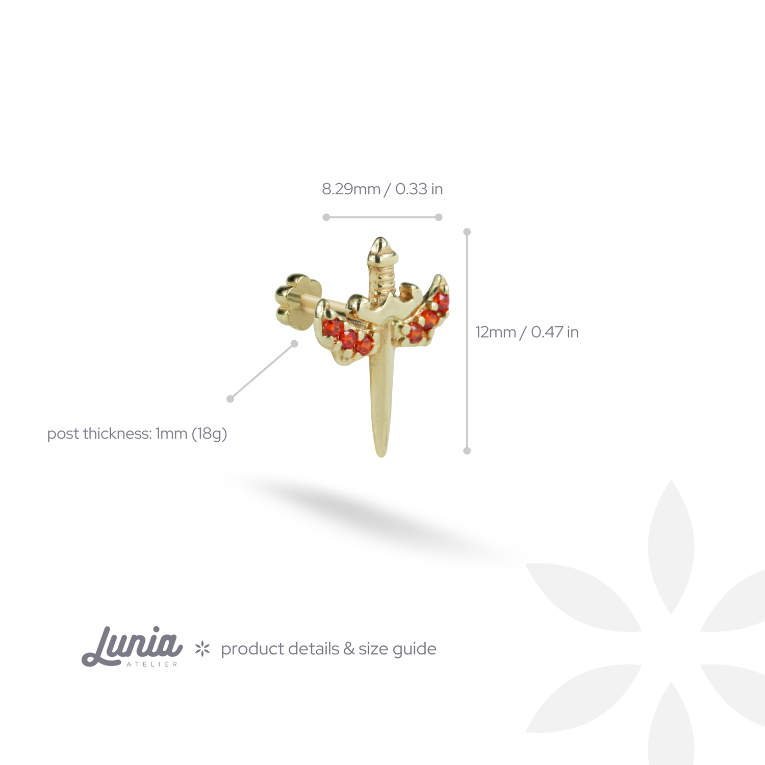 Orange Sword Flatback Ear Piercing 14K Gold with CZ Stone