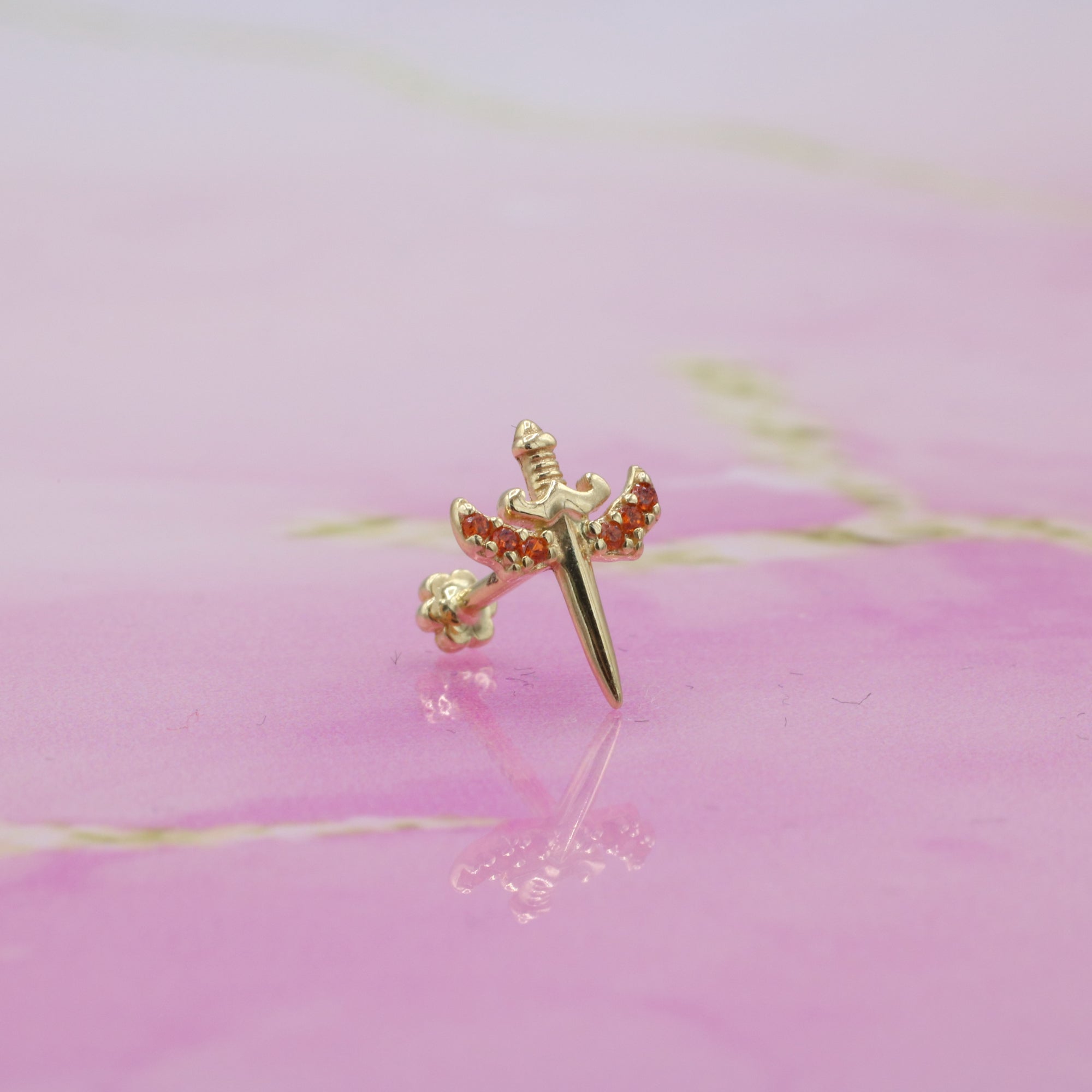 Orange Sword Flatback Ear Piercing 14K Gold with CZ Stone