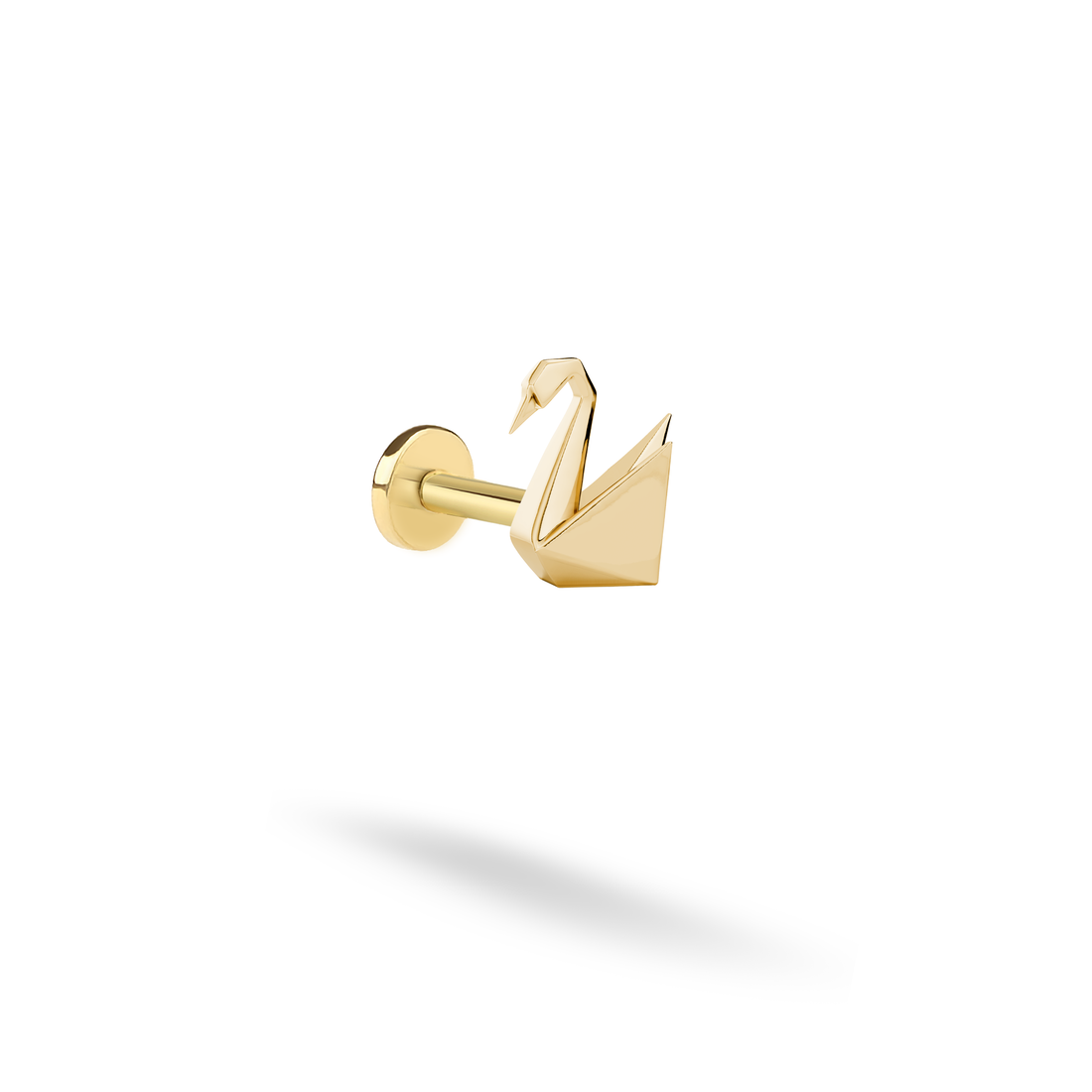 Origami Swan Flatback Ear Piercing 14K Gold / Silver. Hand crafted geometric swan jewelry inspired by paper swan art and modern animal earring style.