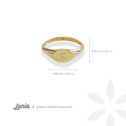 Oval Stone Letter Design CZ Custom Ring 14K Gold