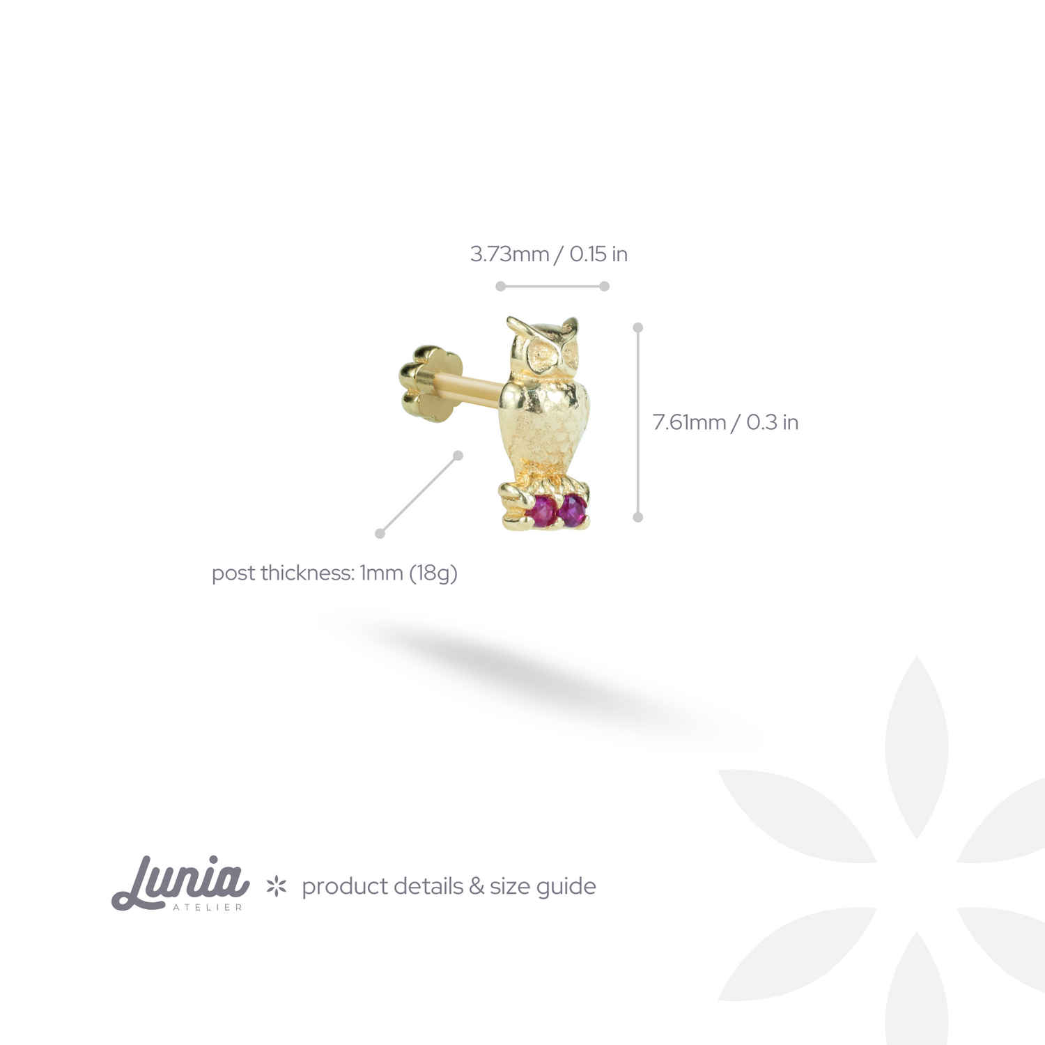 Owl Flatback Ear Piercing 14K Gold with CZ Stone