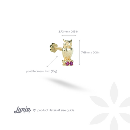 Owl Flatback Ear Piercing 14K Gold with CZ Stone