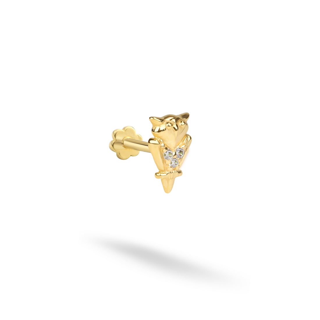 Boho Owl Flatback Ear Piercing 14K Gold with CZ Stone