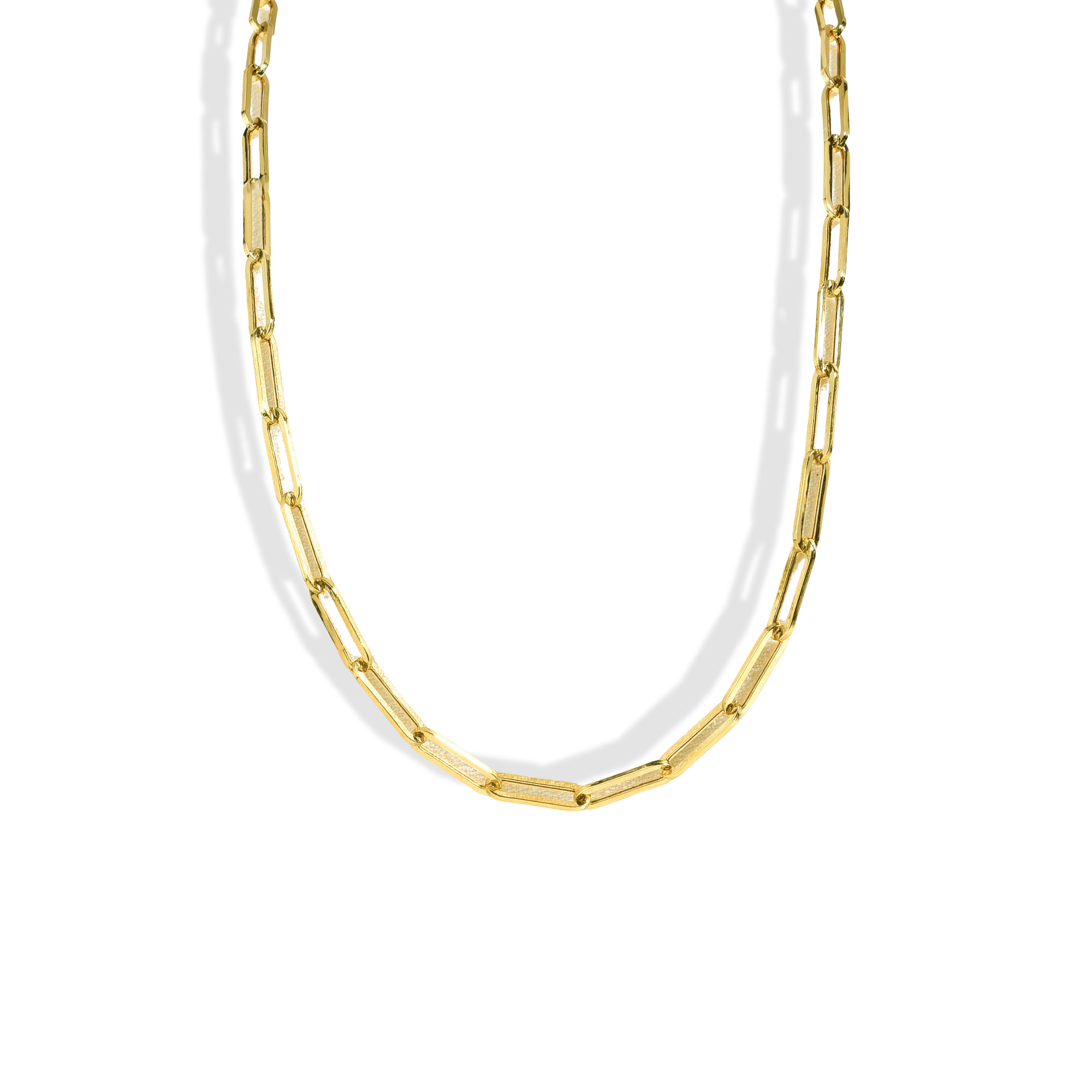 The Paperclip Chain Necklace 14K Gold is a contemporary design that combines sleek
