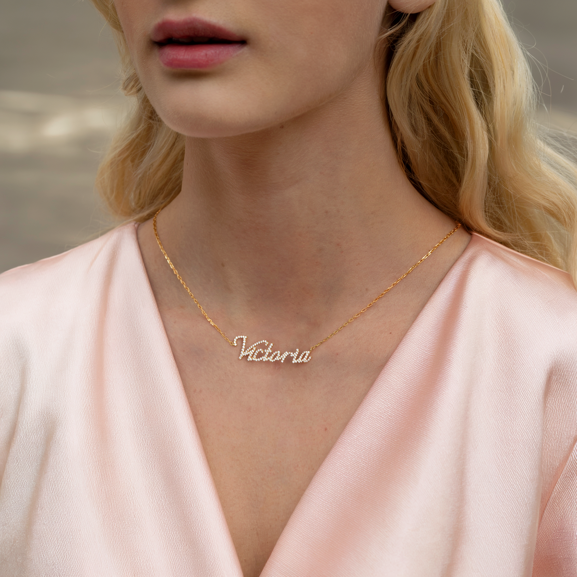 Personalized Name Custom Diamond Necklace 14K Gold CZ Stone