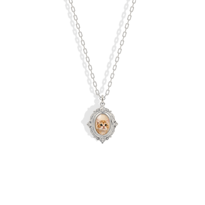 Antique locket feel in cool 14K white gold, the photo framed by pale metal
