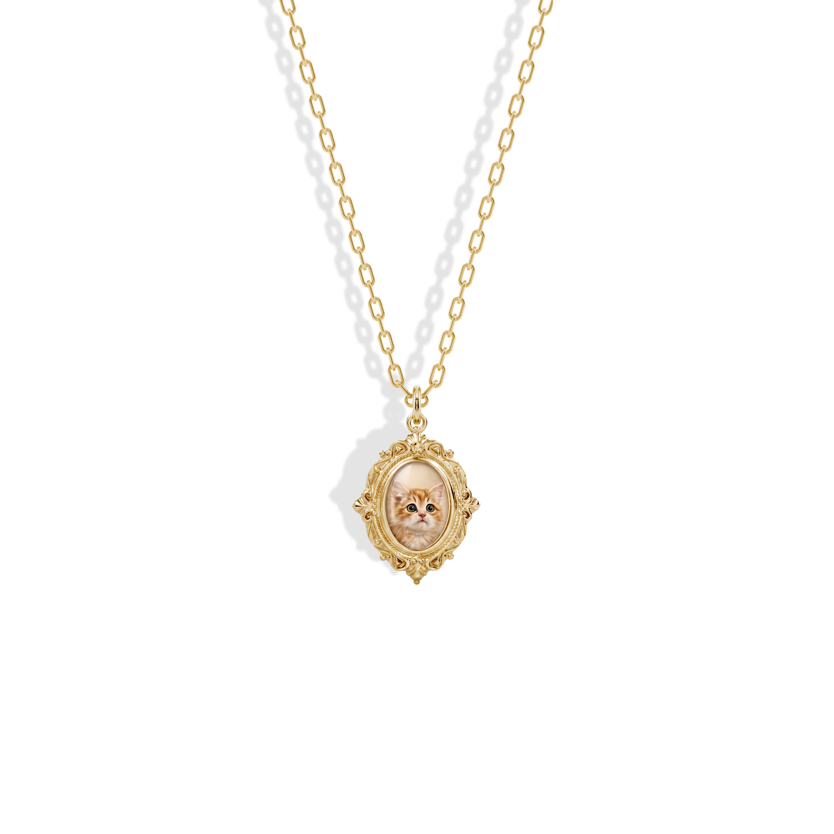 Photo Frame Custom Necklace 14K Gold / Silver: a portrait under enamel inside a scalloped yellow gold frame