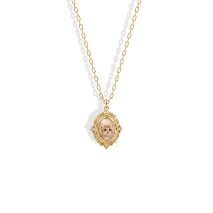 Photo Frame Custom Necklace 14K Gold / Silver: a portrait under enamel inside a scalloped yellow gold frame