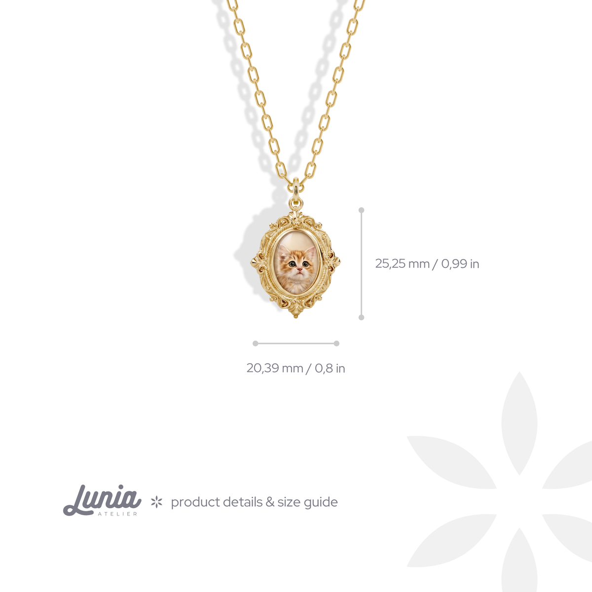 Frame pendant dimensions, 20.39 mm wide and 25.25 mm tall including the ornate border