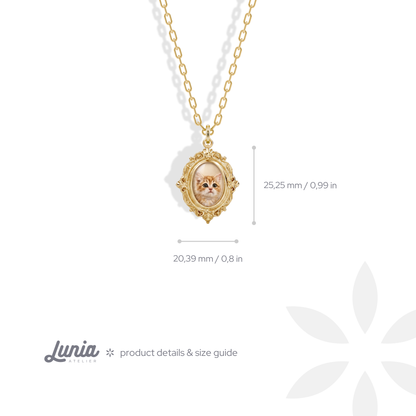 Frame pendant dimensions, 20.39 mm wide and 25.25 mm tall including the ornate border
