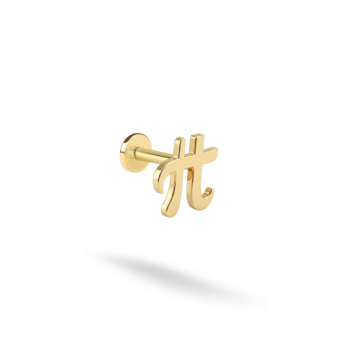 Pi Symbol flatback ear piercing in 14K Gold or Silver, featuring a Mathematical Pi design. A unique Math Pi Symbol jewelry piece for math lovers.