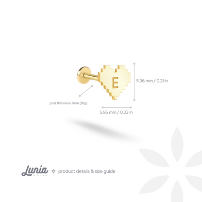 Pixel Heart Initial Custom Flatback Ear Piercing 14K Gold