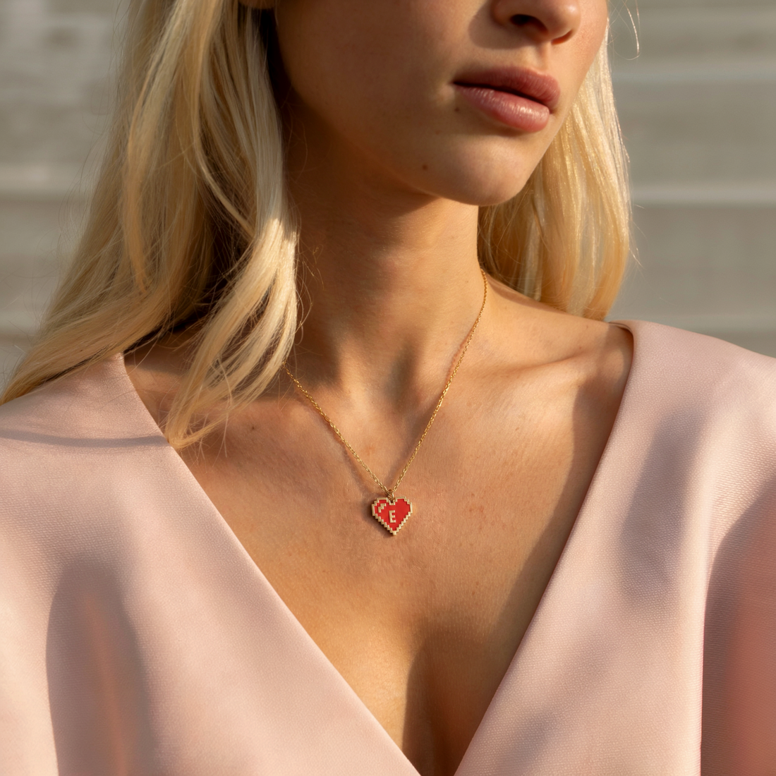 Personalized Pixel Heart Initial Letter Custom Necklace in 14K Gold or Silver with enameled custom letter detail
