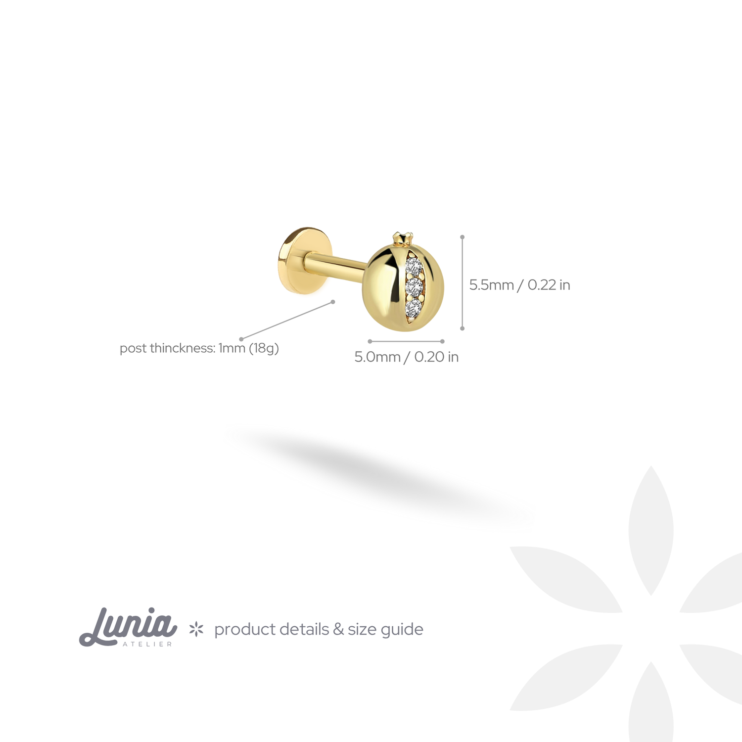 Pomegranate Diamond Flatback Ear Piercing 14K Gold CZ Stone