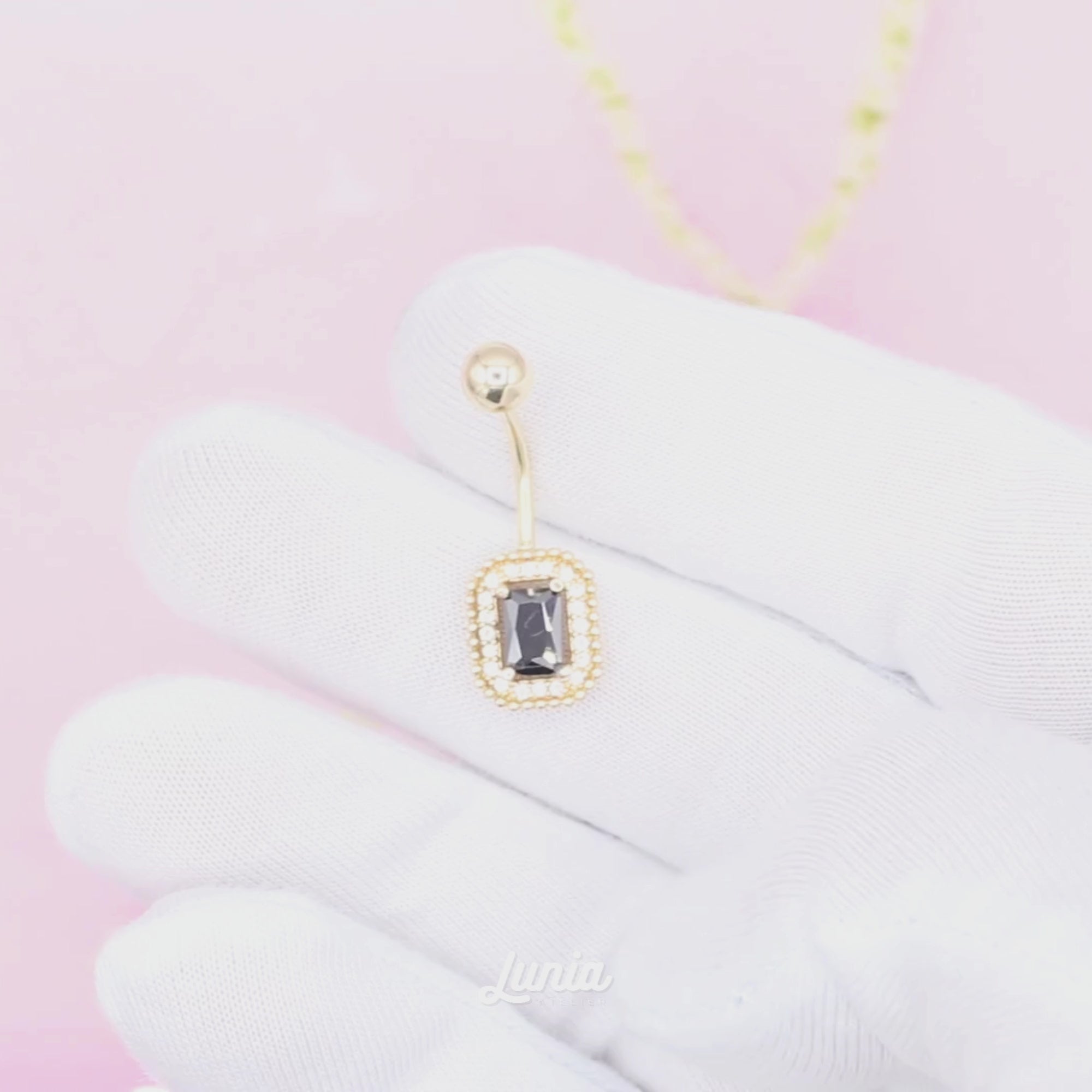 Rectangle Black Navel Belly Ring 14K Gold with CZ Stone