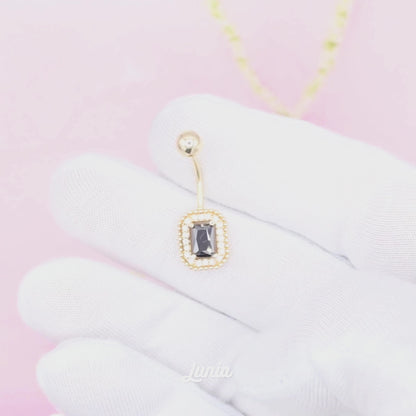 Rectangle Black Navel Belly Ring 14K Gold with CZ Stone