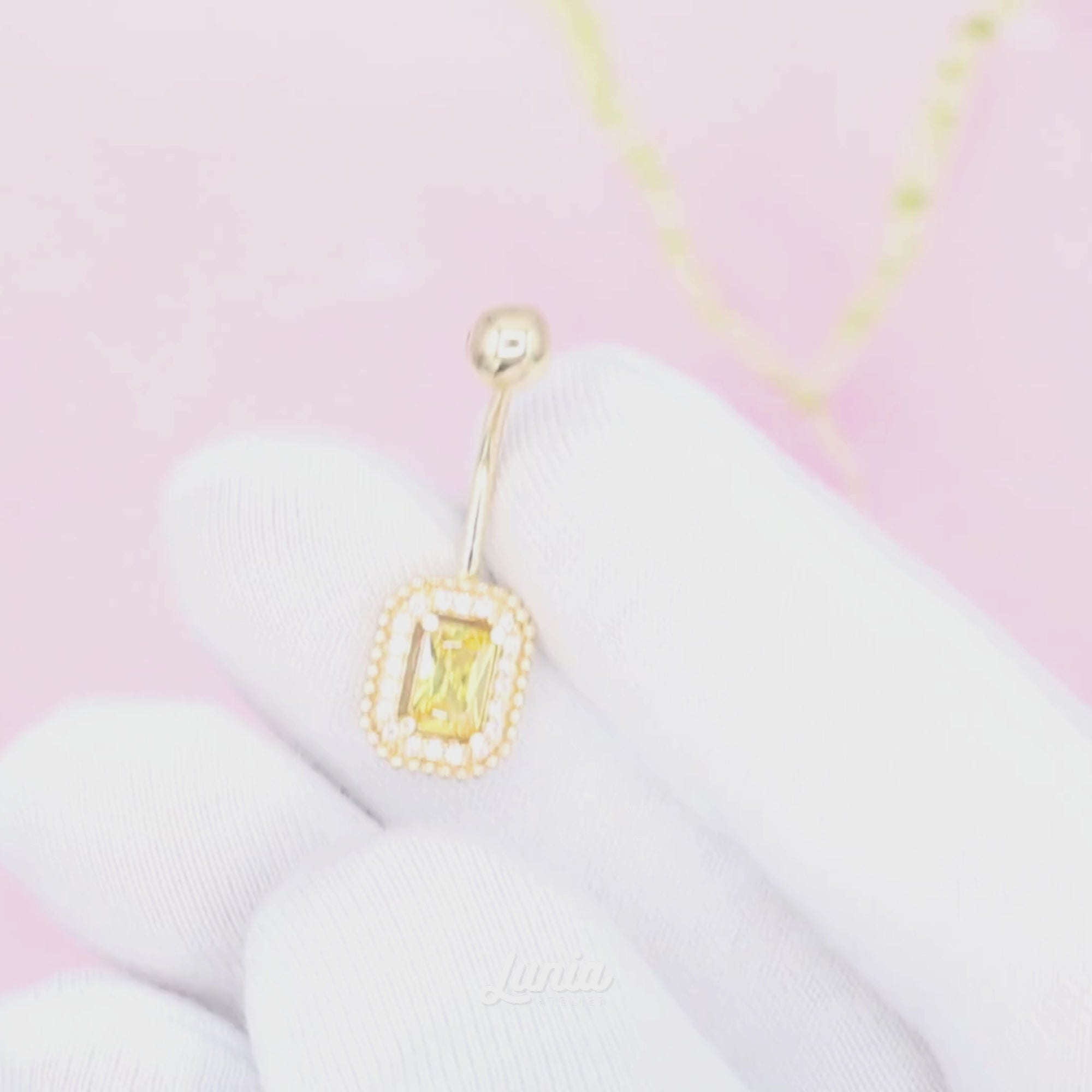 Rectangle Yellow Navel Belly Ring 14K Gold with CZ Stone