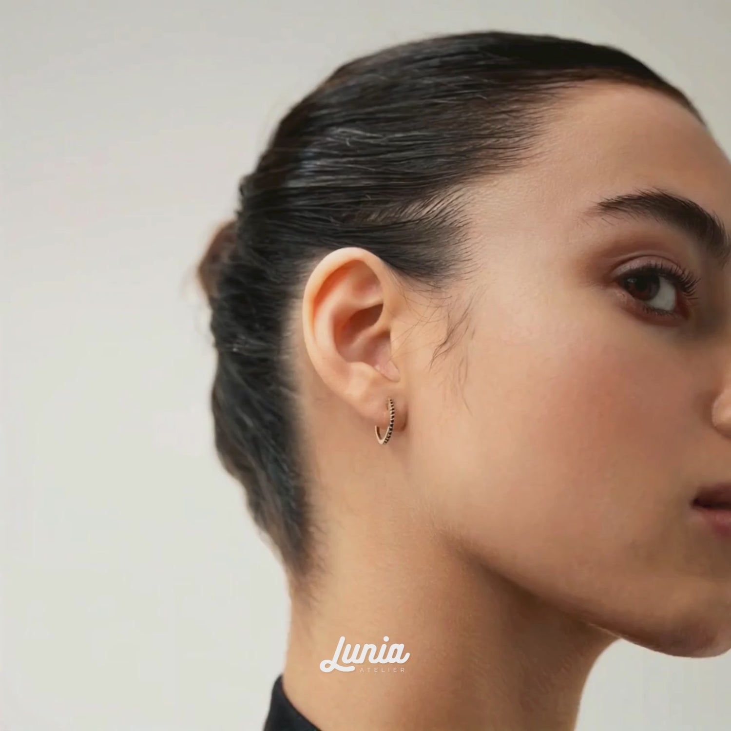 Black Line Stone Hoops Earrings 14K Gold