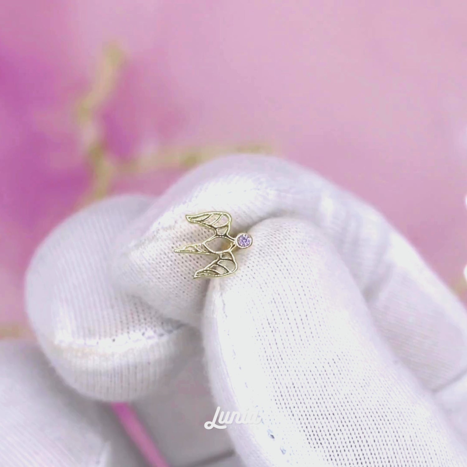 Free Bird Flatback Ear Piercing 14K Gold with CZ Stone