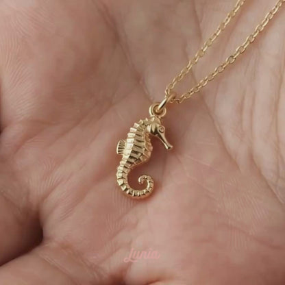 Seahorse Pendant Necklace 14K Gold shown in motion