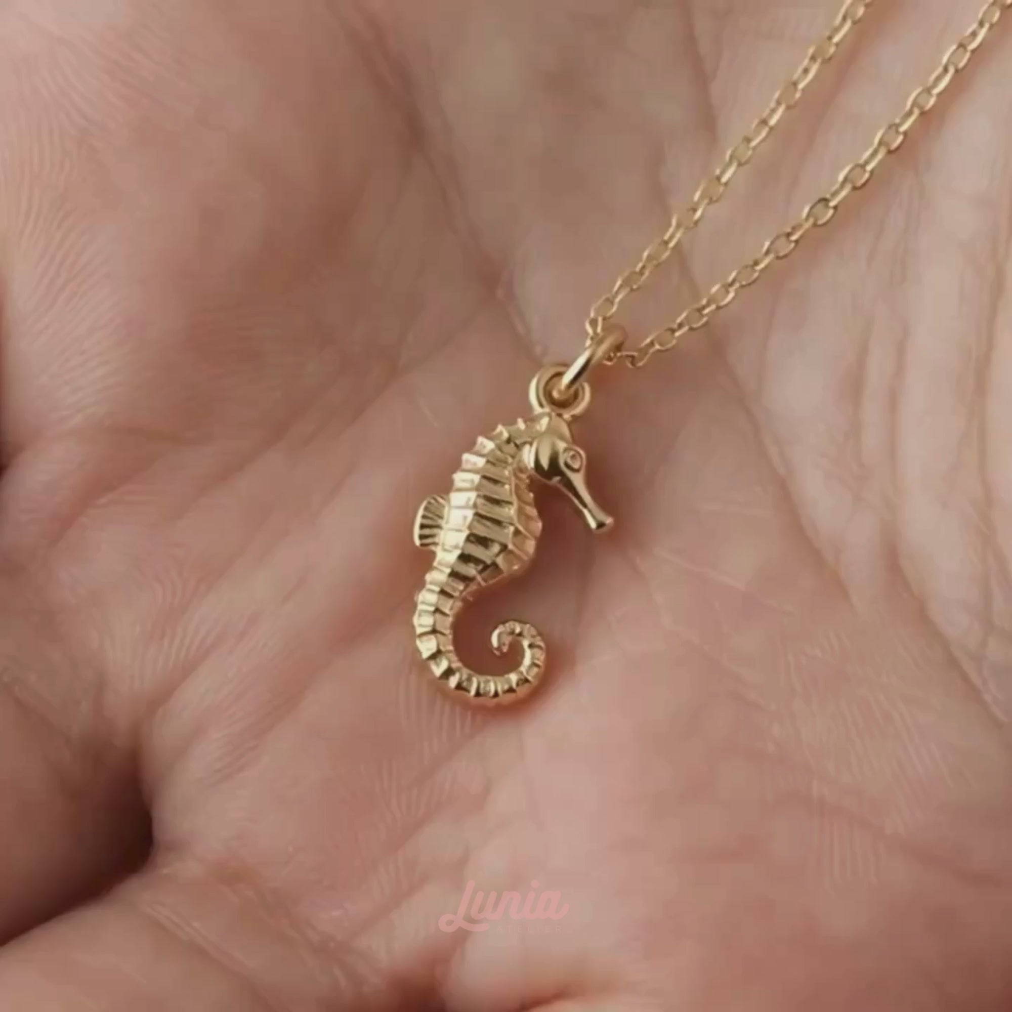 Seahorse Pendant Necklace 14K Gold shown in motion