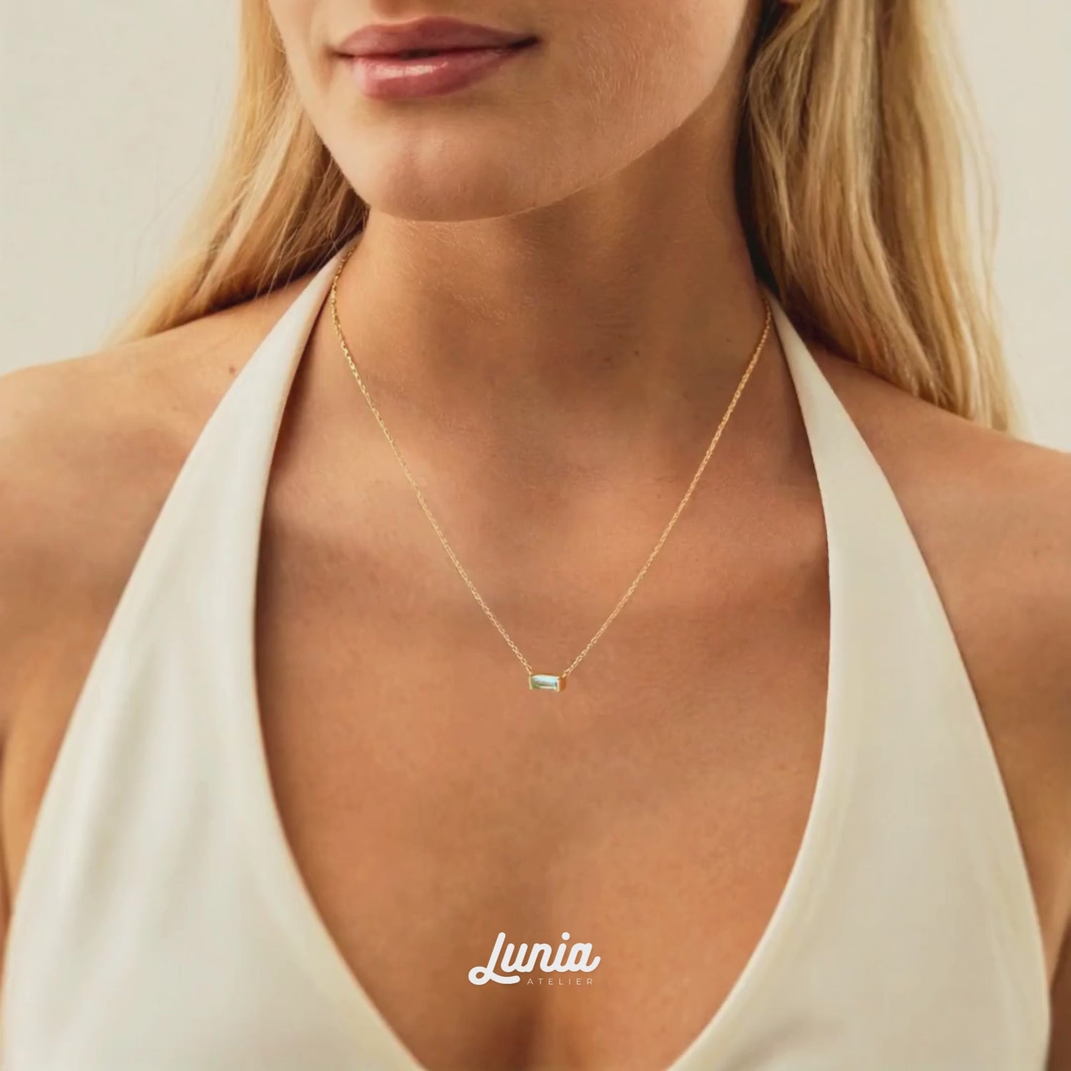 Minimal Rectangle Blue Necklace 14K Gold