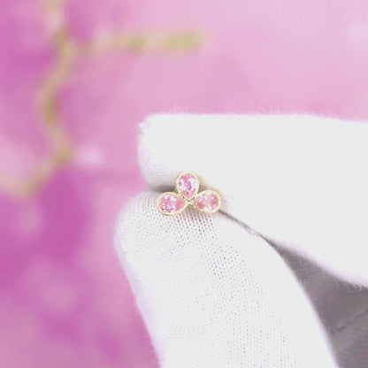 Twinkling Pink Triple Flatback Ear Piercing 14K Gold with CZ Stone