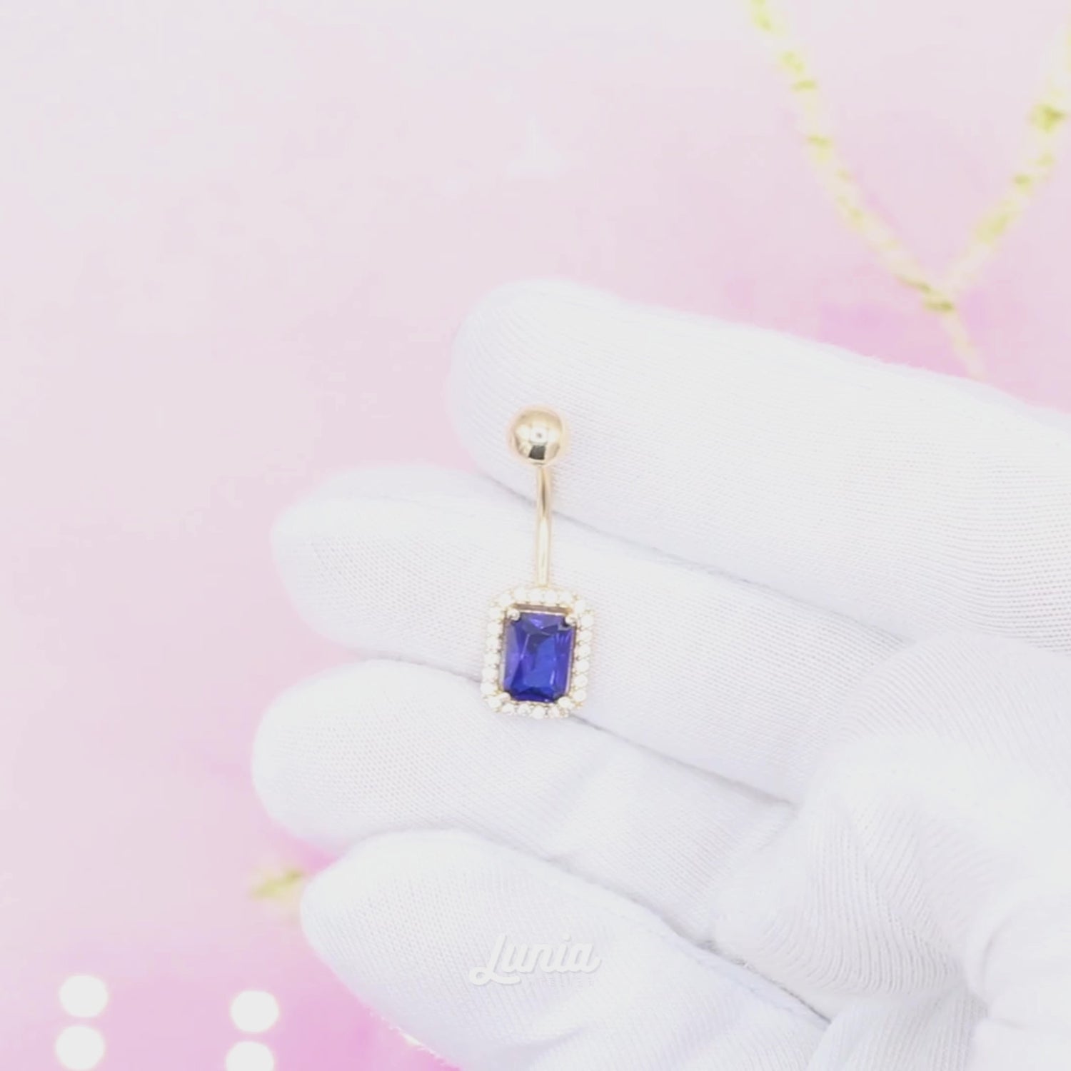 Rectangle Blue Navel Belly Ring 14K Gold with CZ Stone