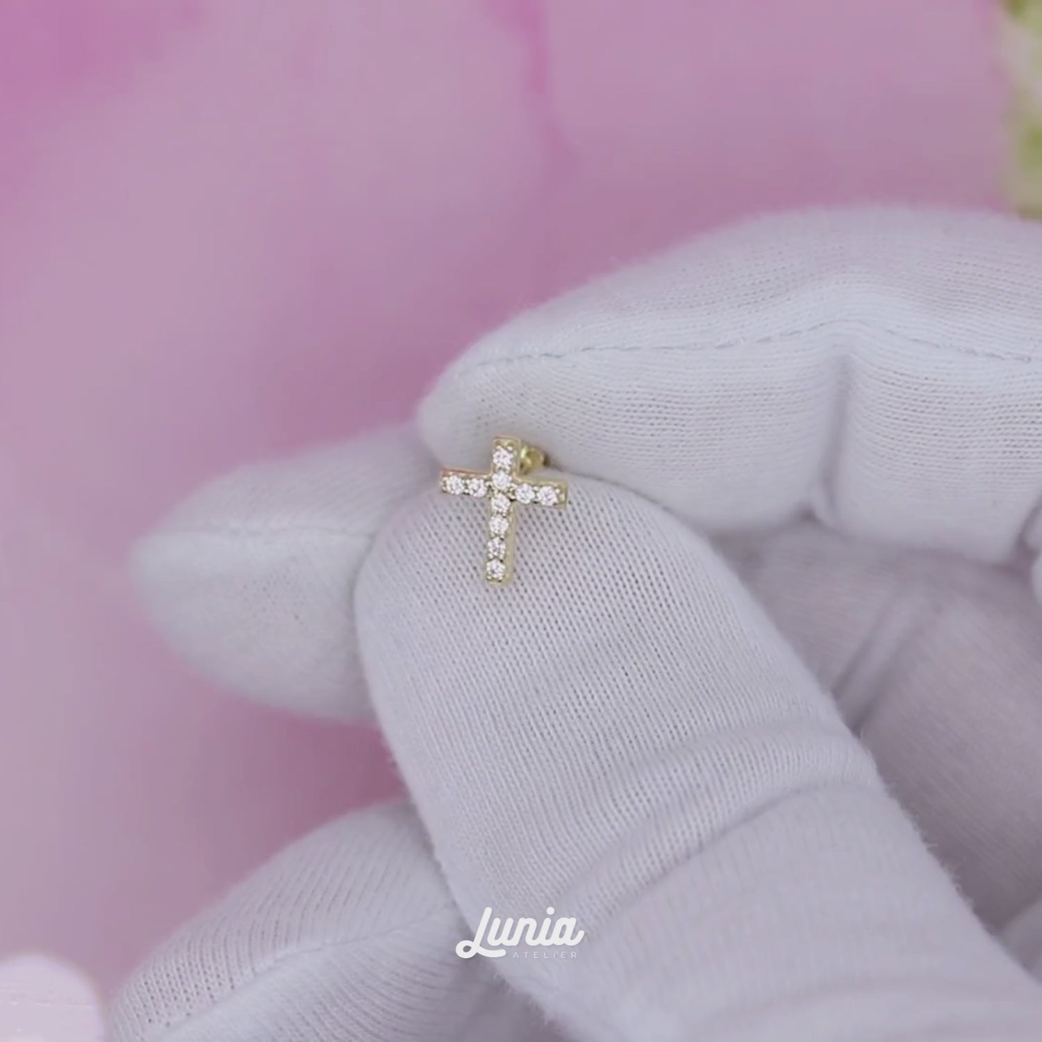 Cross Flatback Ear Piercing 14K Gold with CZ Stone