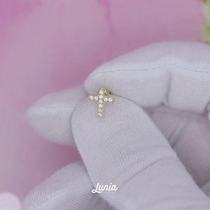 Cross Flatback Ear Piercing 14K Gold with CZ Stone