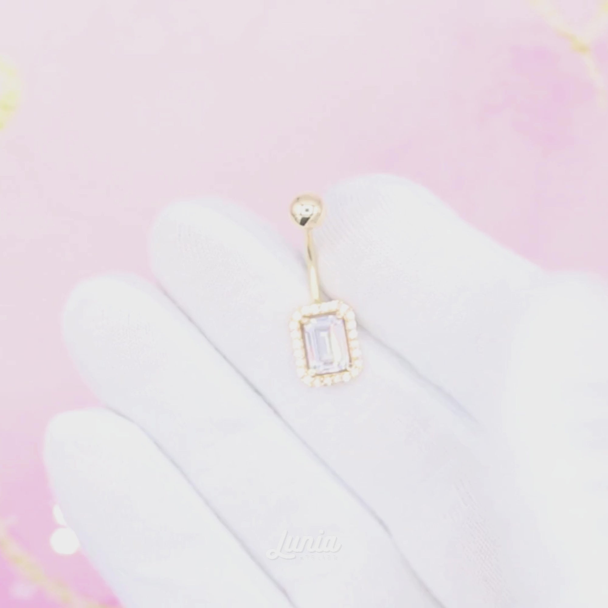 Rectangle White Navel Belly Ring 14K Gold with CZ Stone