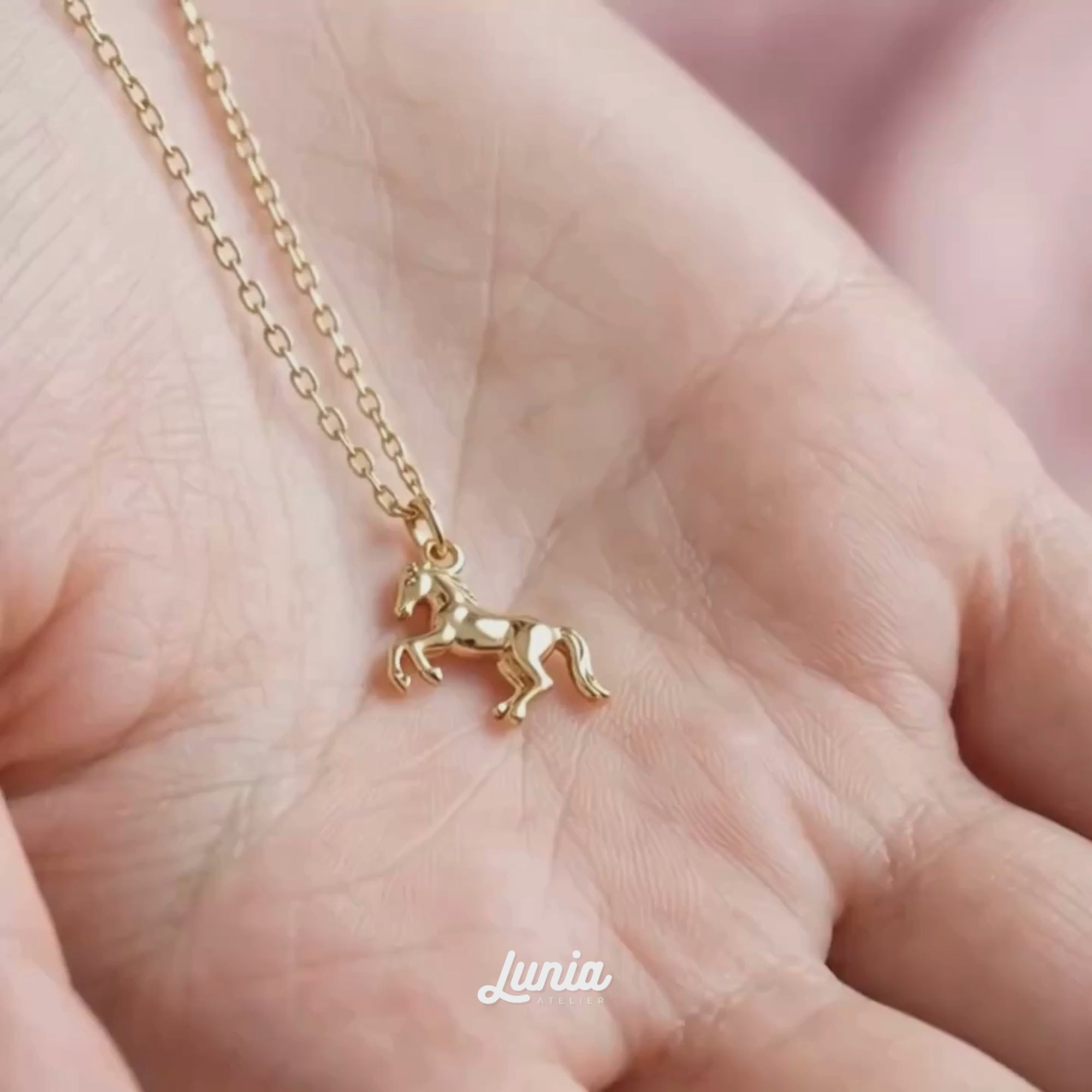 Rearing Horse Pendant Necklace 14K Gold shown in motion