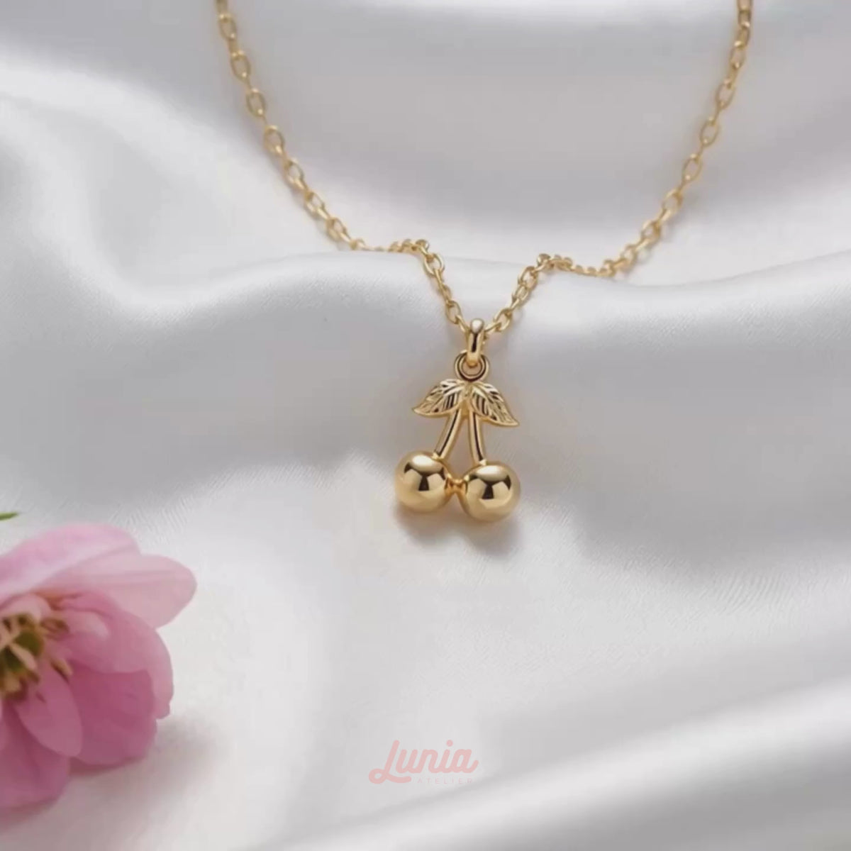 Cherry Pendant Necklace 14K Gold shown in motion